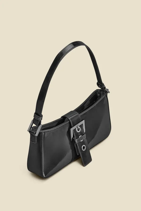 Black Patent Buckle Detail Shoulder Bag