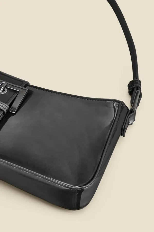 Black Patent Buckle Detail Shoulder Bag