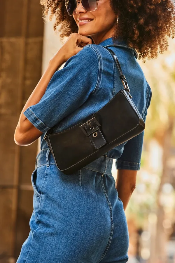 Black Patent Buckle Detail Shoulder Bag