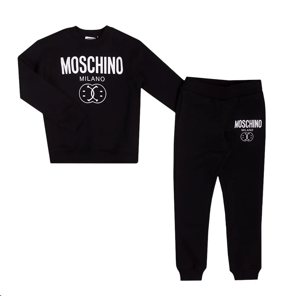 Boys Black Smiley Crew Neck Tracksuit