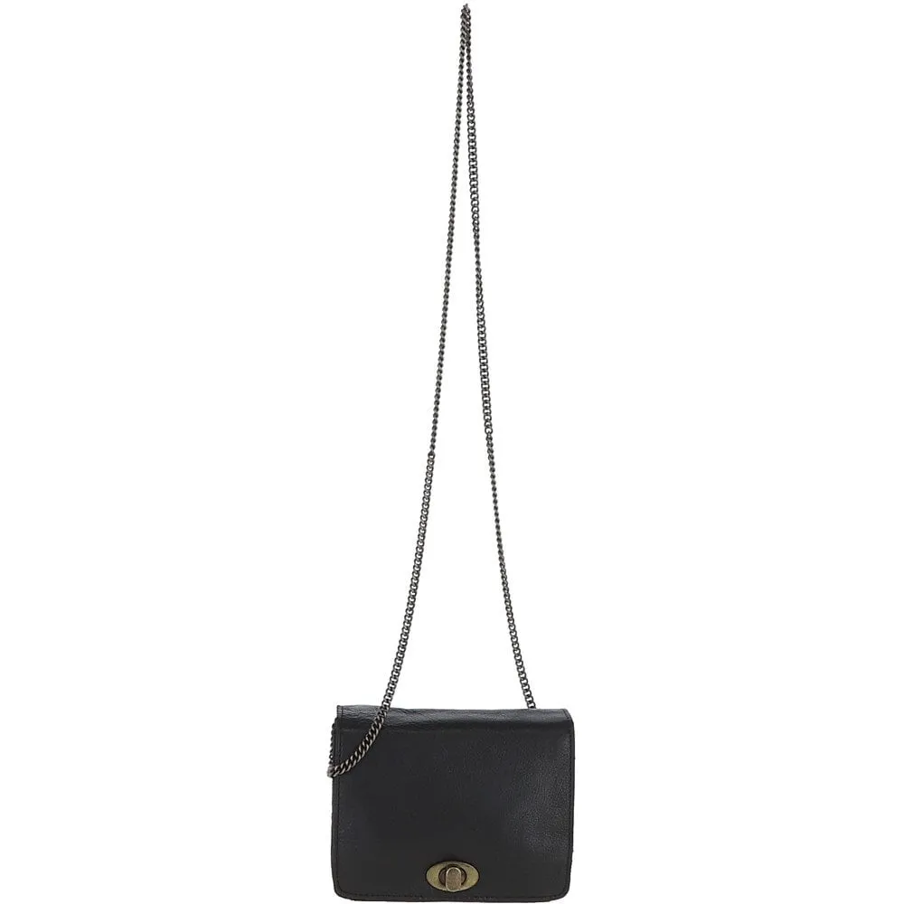 Dipped Leather Cross Body Bag With Chain Strap Black: R-11