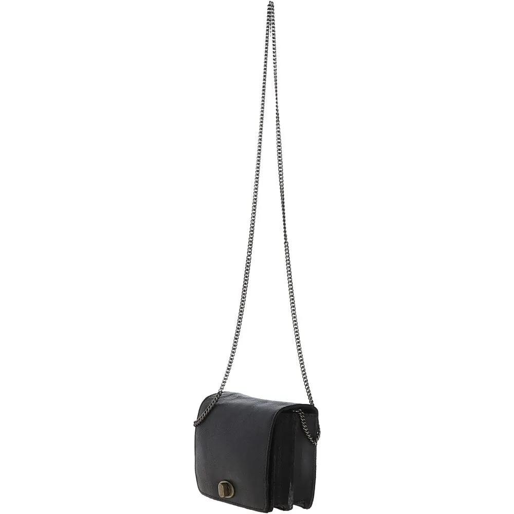 Dipped Leather Cross Body Bag With Chain Strap Black: R-11