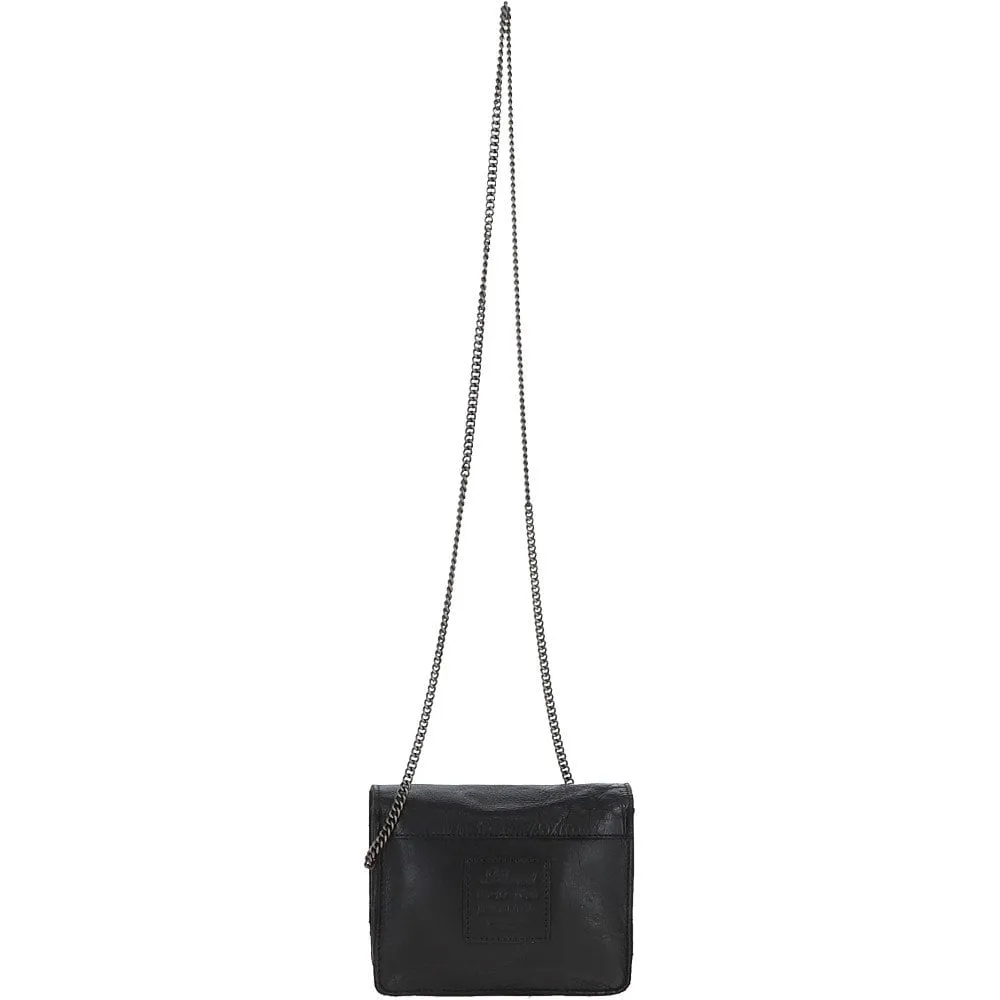 Dipped Leather Cross Body Bag With Chain Strap Black: R-11