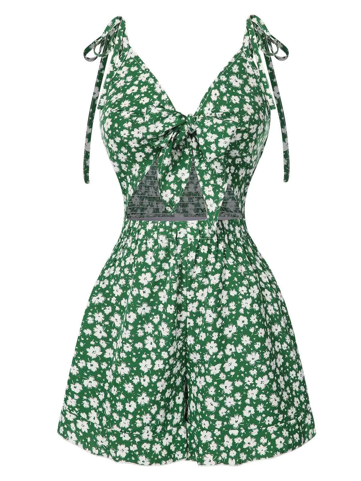 Green 1950s Ditsy Floral Tie Front Romper