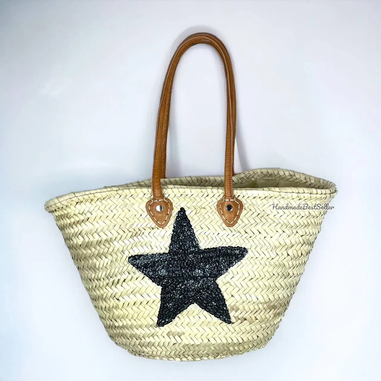 Handmade Sequin Basket Bag With Leather Handles