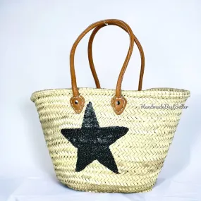 Handmade Sequin Basket Bag With Leather Handles