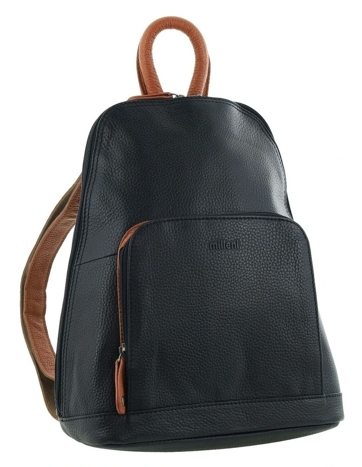 Leather Twin Zip Backpack in Black/Cognac