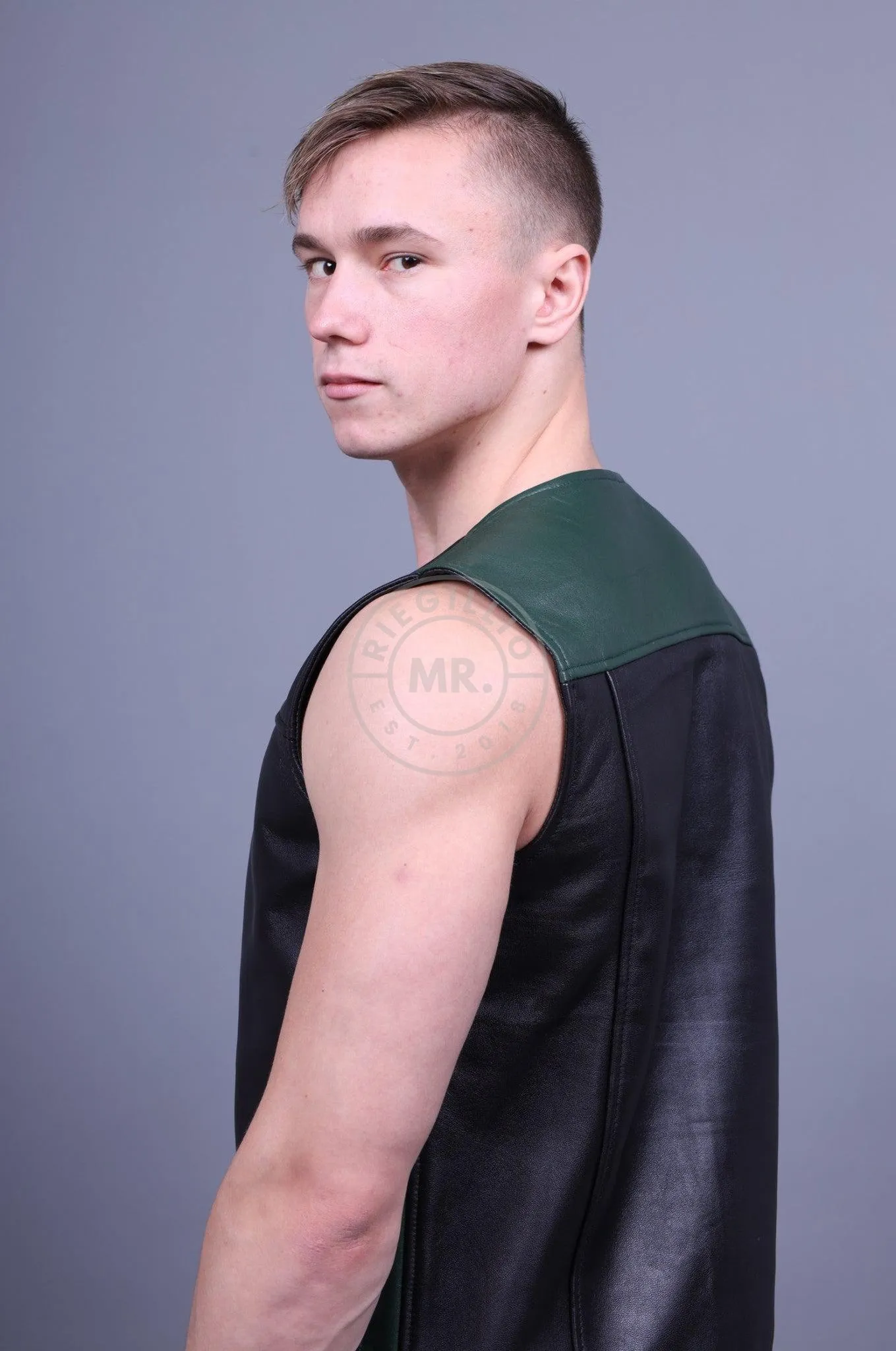 Leather Zipper Vest - Dark Green Panels