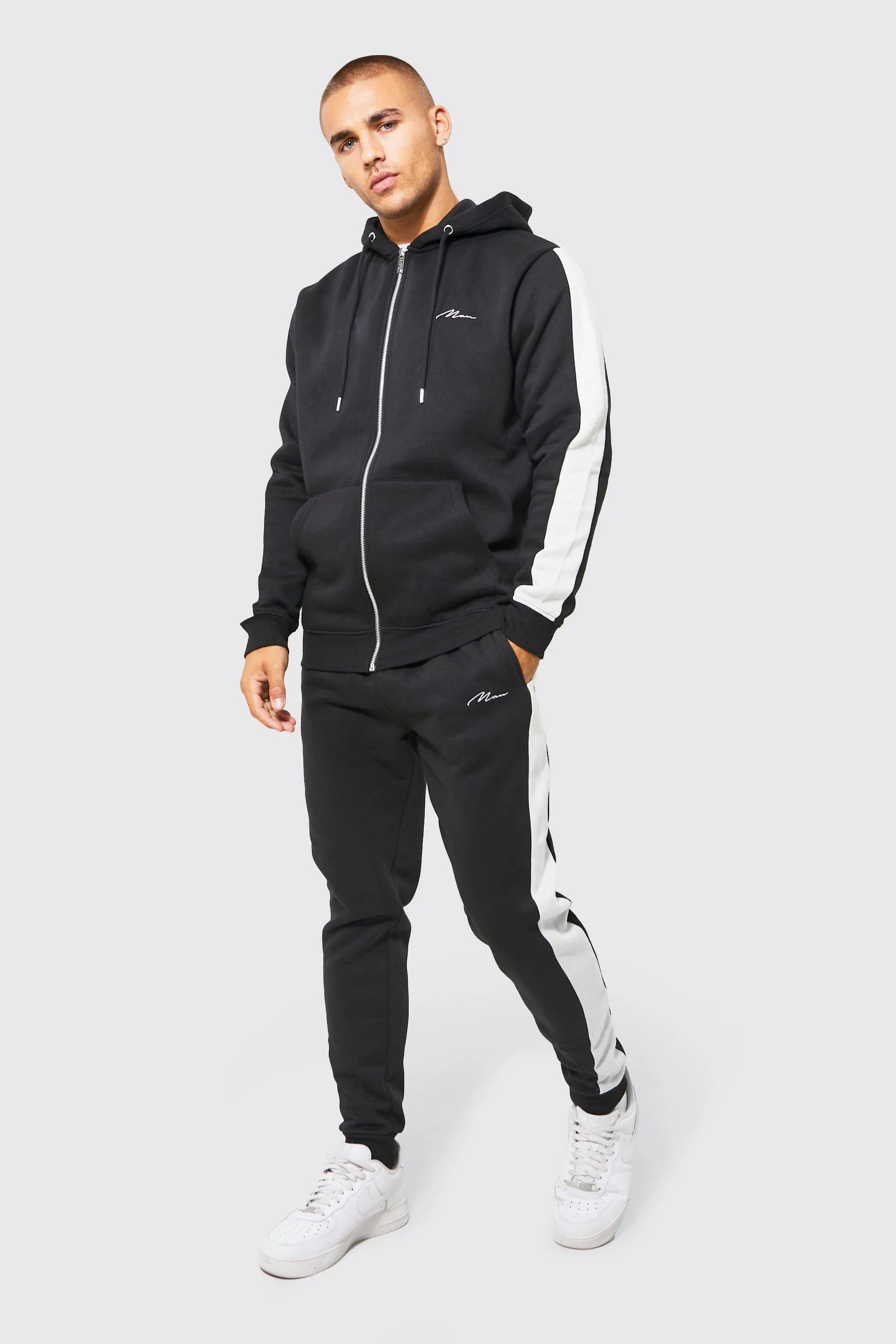 Man Side Panel Zip Through Hooded Tracksuit | boohooMAN UK