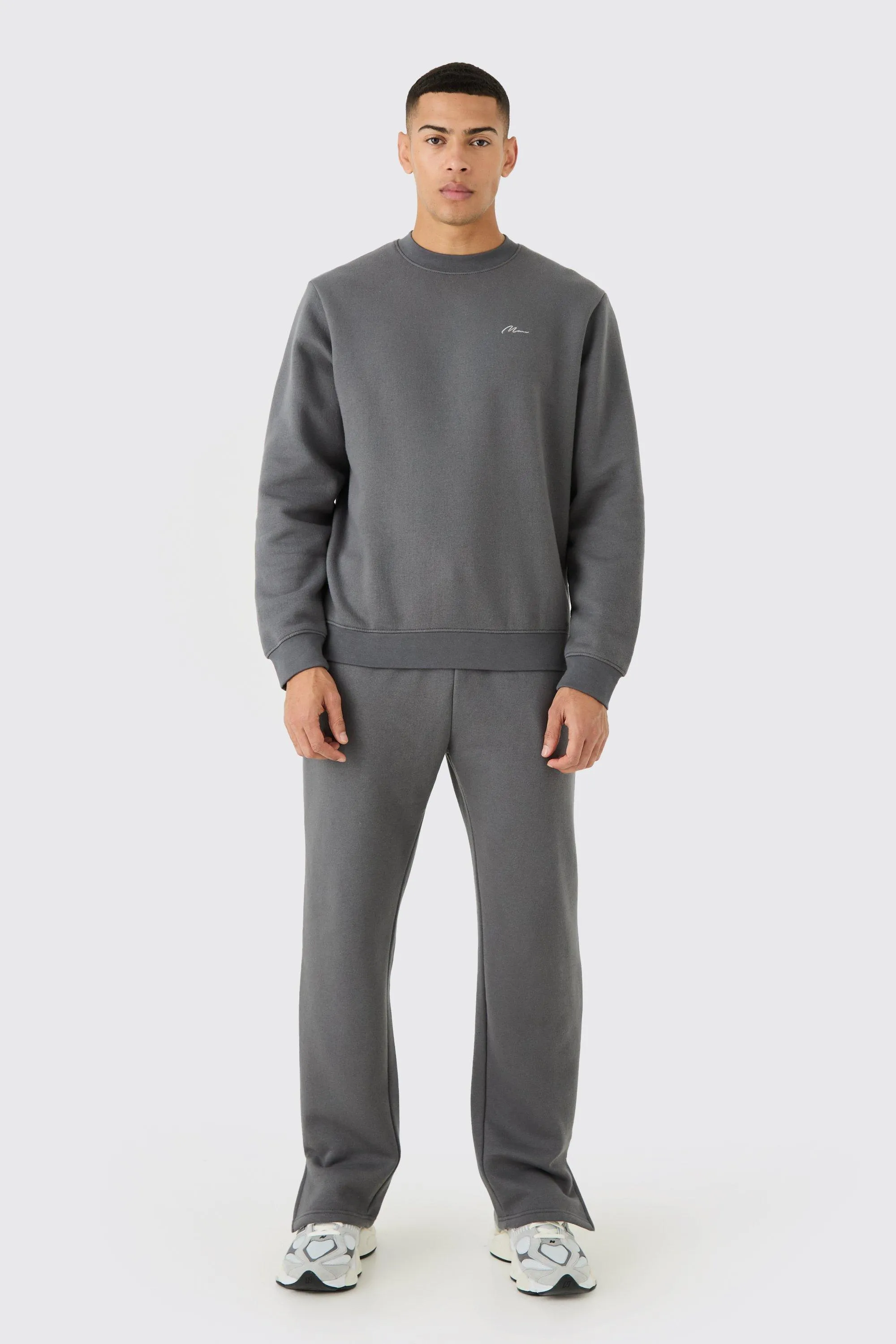 Man Signature Extended Neck Split Hem Sweatshirt Tracksuit | boohooMAN UK