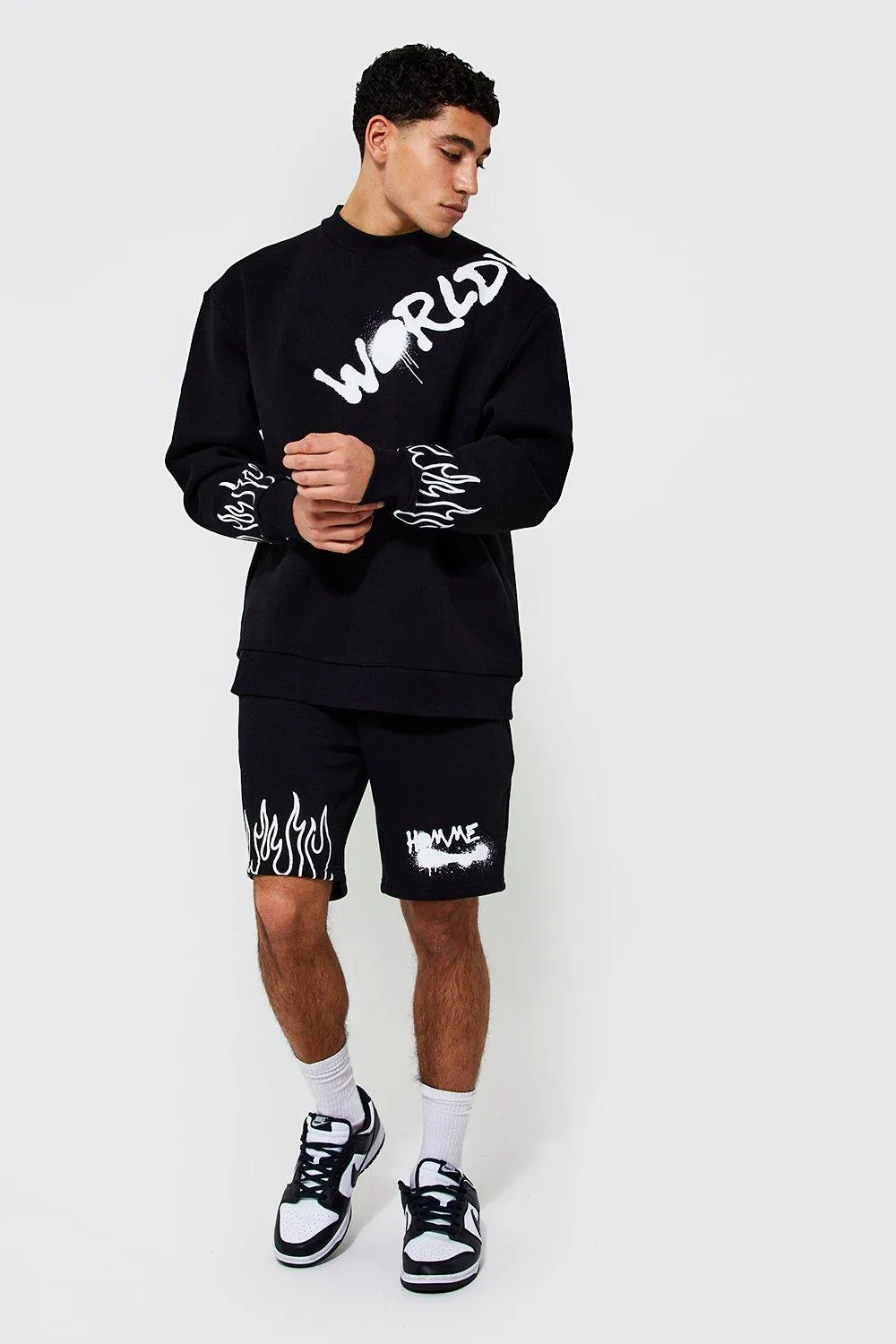 Oversized Flame Graffiti Short Tracksuit | boohooMAN UK