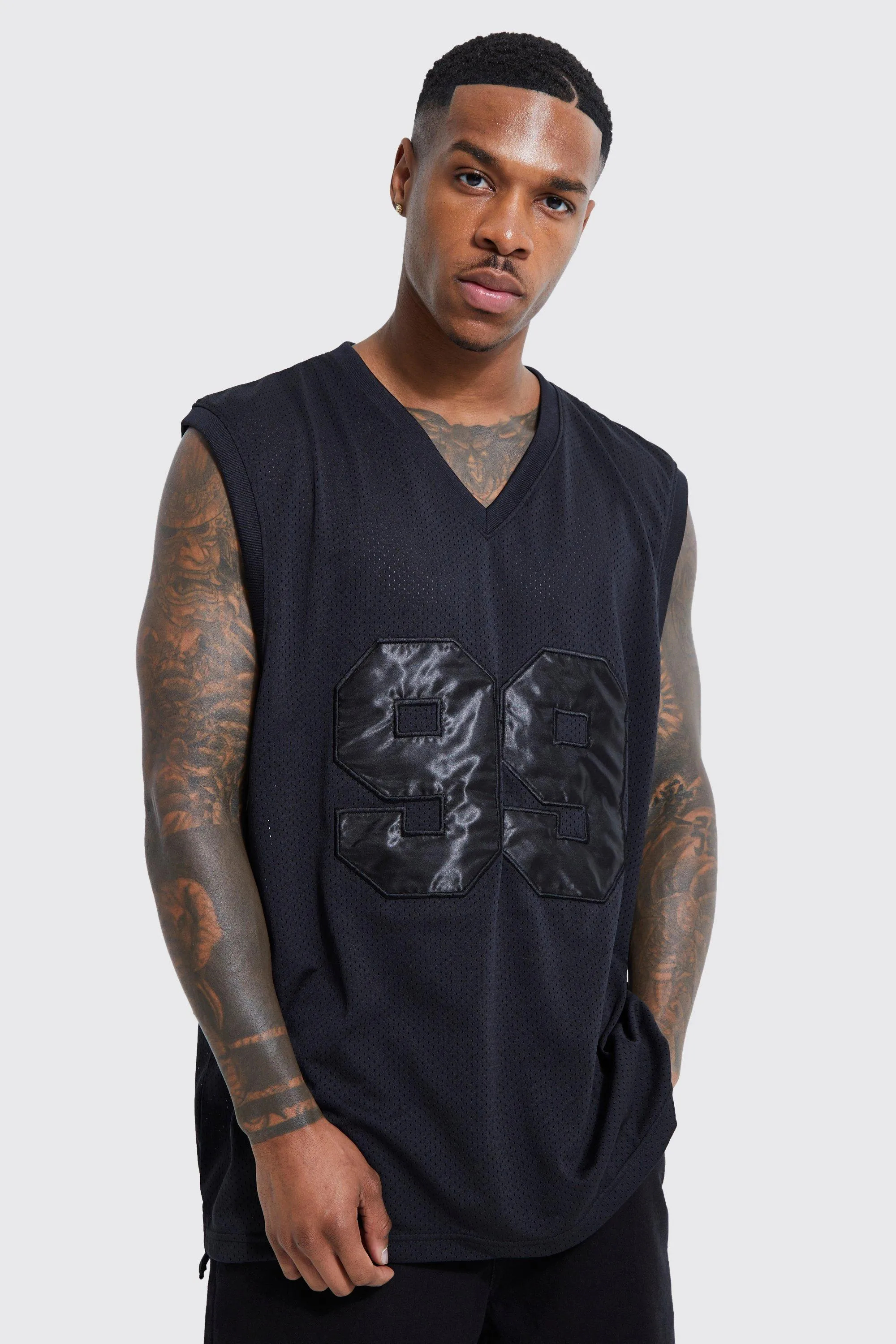 Oversized V Neck Mesh Satin Applique Vest | boohooMAN UK