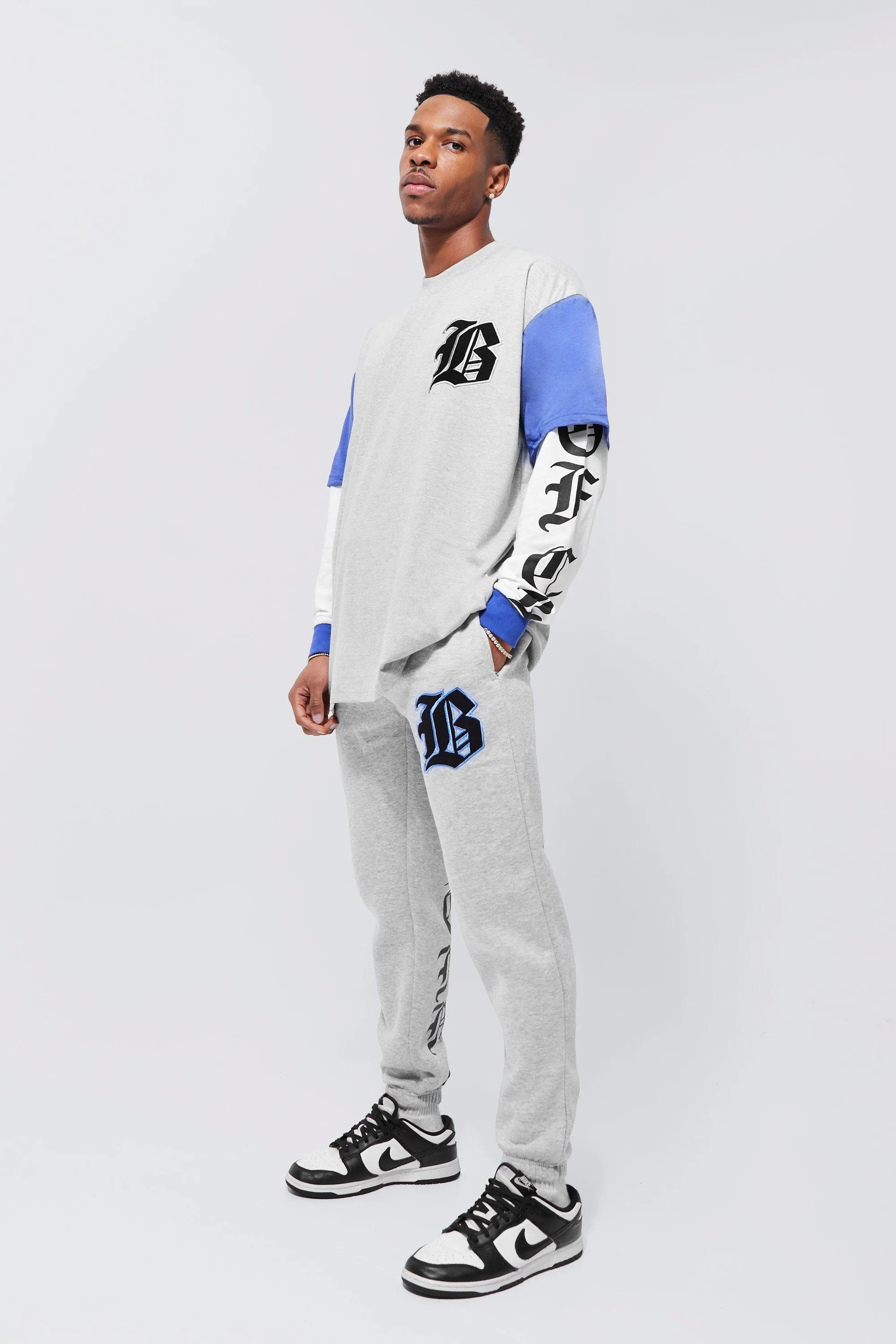 Oversized Varsity Faux Layer T-shirt Tracksuit | boohooMAN UK