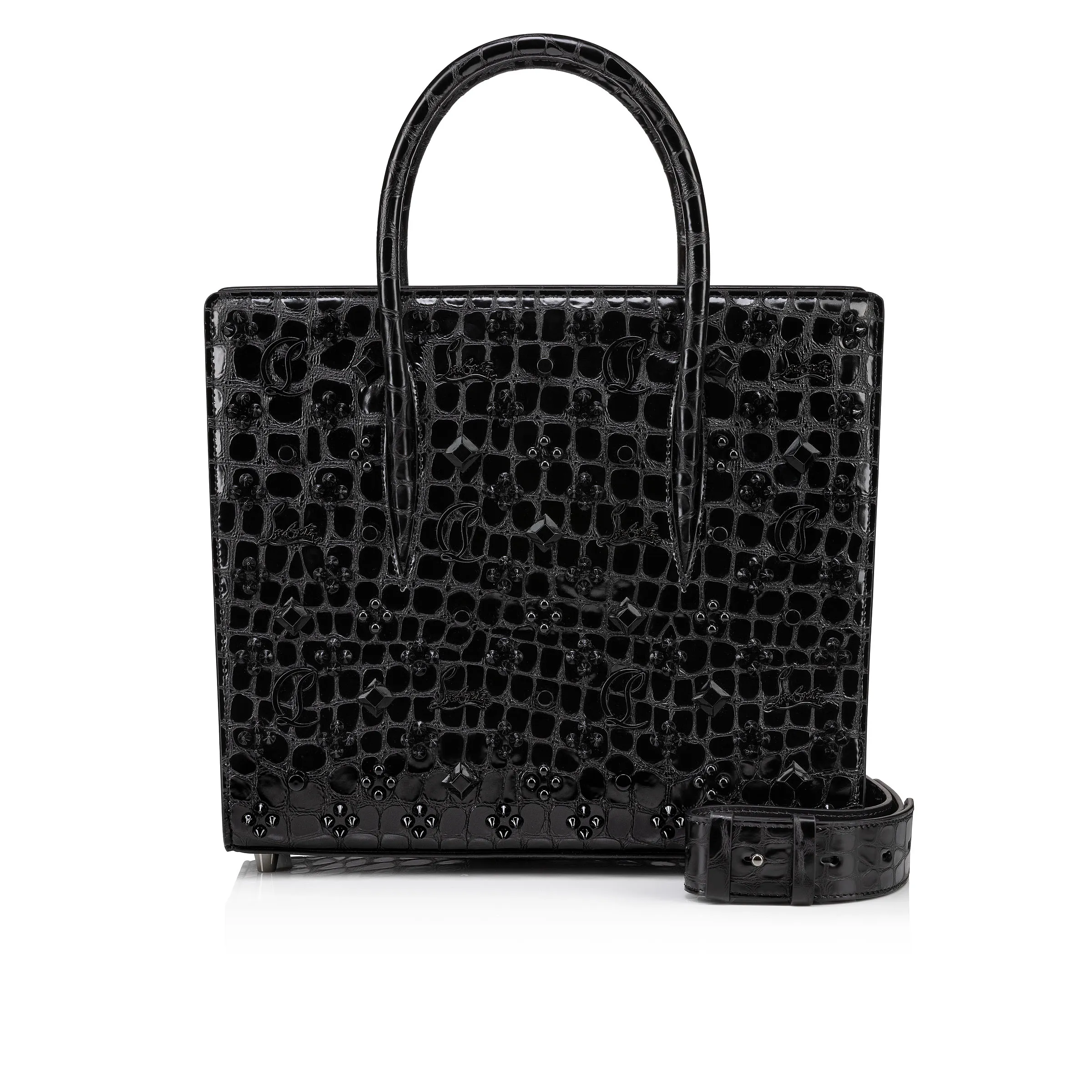 Paloma medium Top handle bag - Alligator embossed calf leather and spikes Loubinthesky - Black