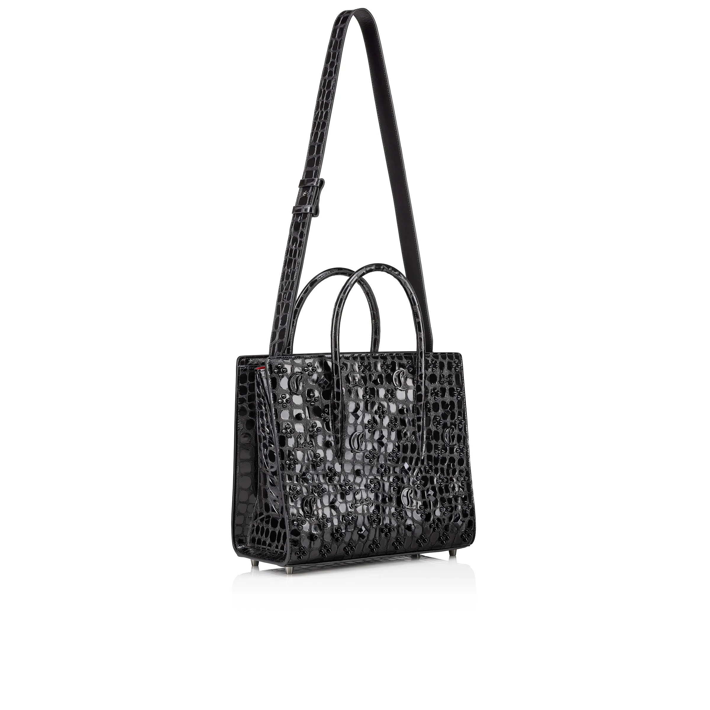 Paloma medium Top handle bag - Alligator embossed calf leather and spikes Loubinthesky - Black