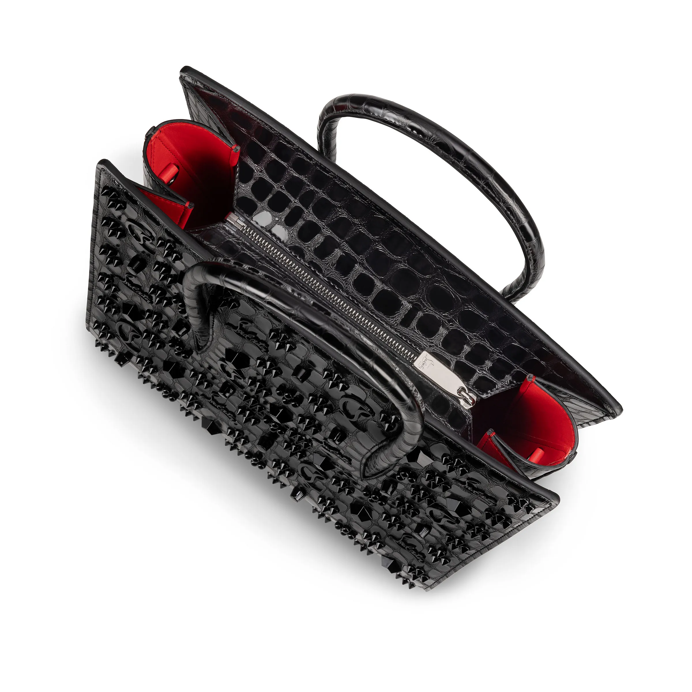 Paloma medium Top handle bag - Alligator embossed calf leather and spikes Loubinthesky - Black