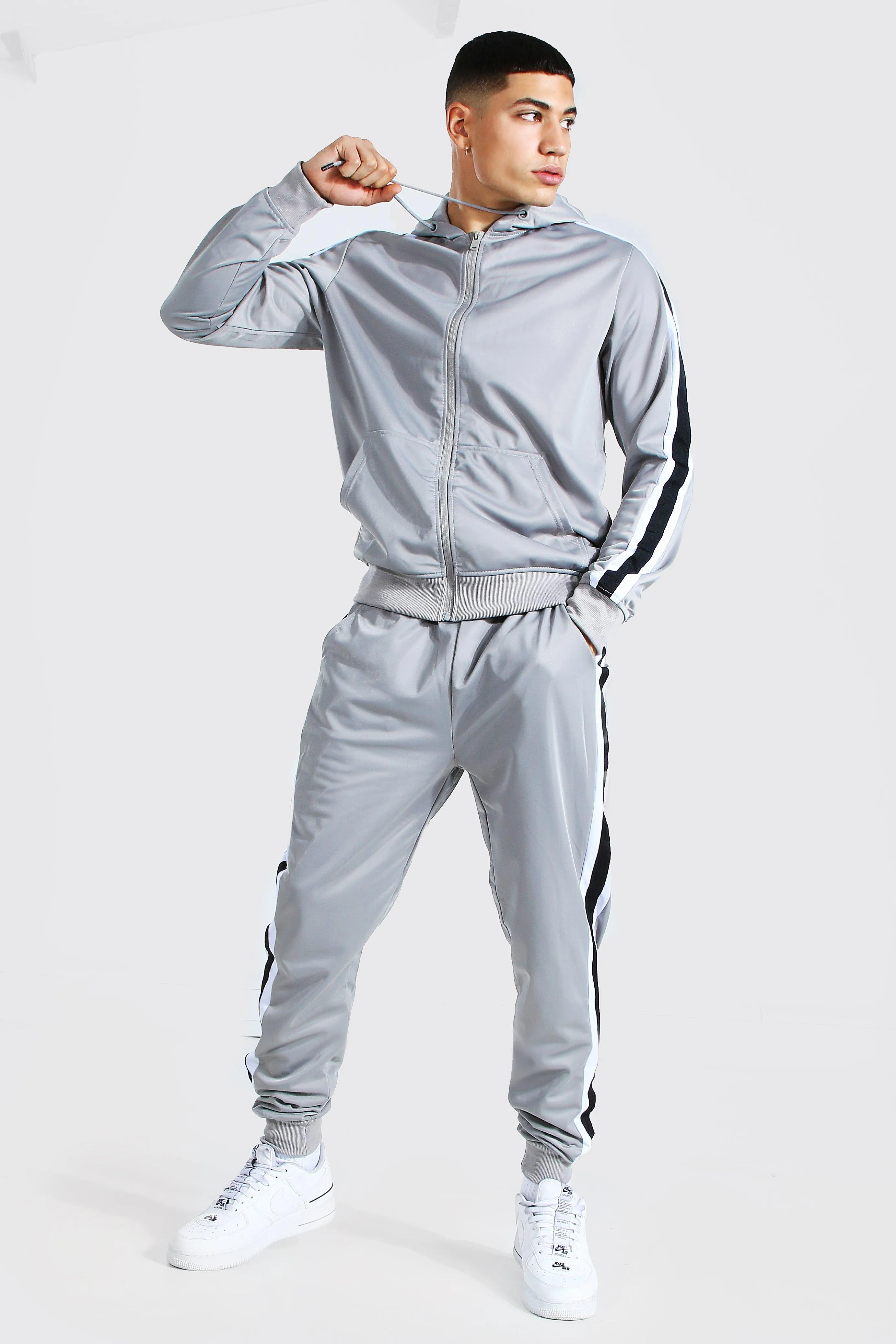 Poly Zip Hooded Tracksuit With Tape | boohooMAN UK