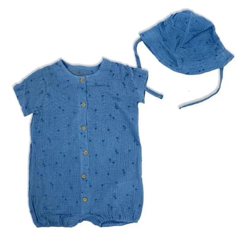 Rose Textiles - 2Pk Baby Boy Muslin Romper & Hat Set, Palm Tree