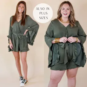 Something More Ruffle Trim Long Sleeve Satin Romper in Olive Green