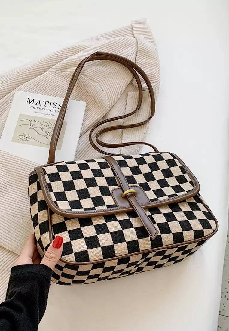 ZITIQUE Contrasting color checkered shoulder oblique backpack