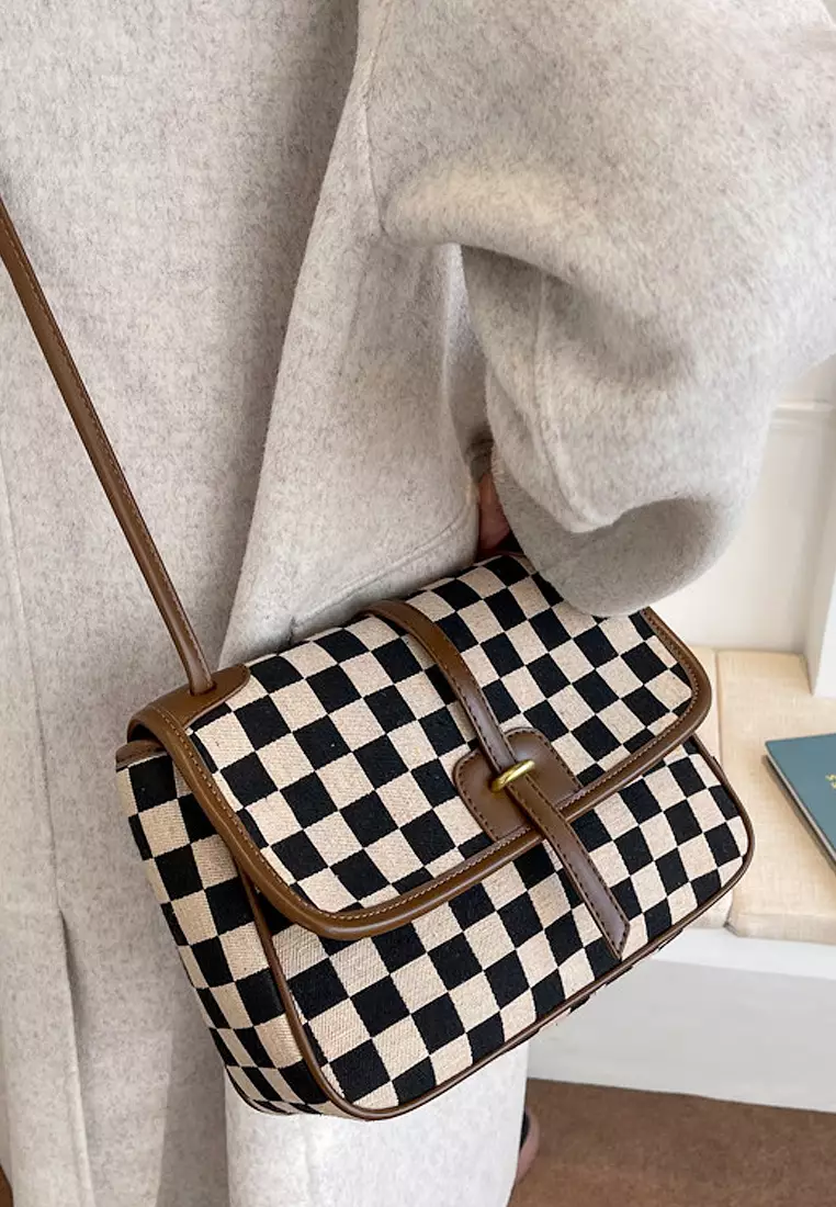 ZITIQUE Contrasting color checkered shoulder oblique backpack