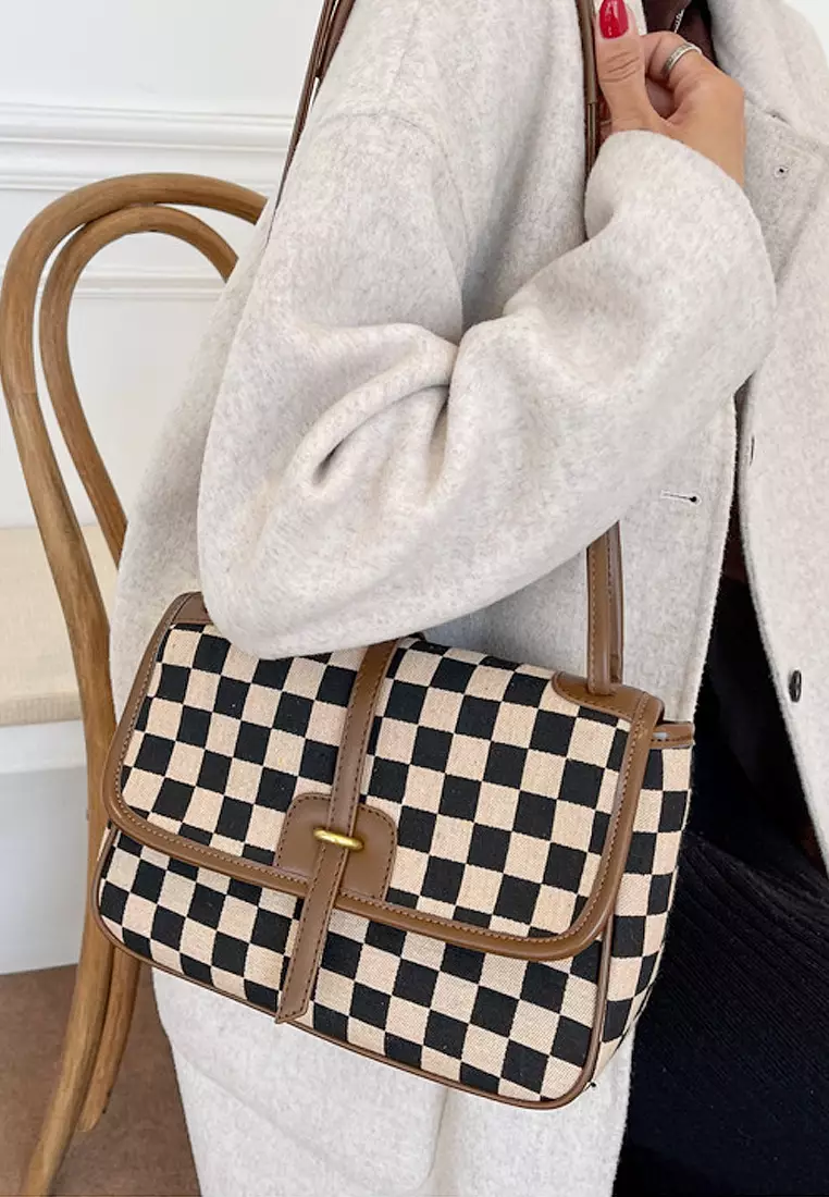 ZITIQUE Contrasting color checkered shoulder oblique backpack