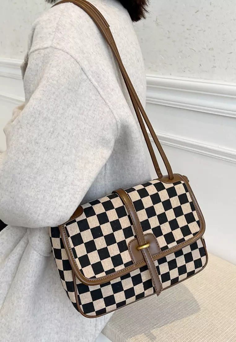 ZITIQUE Contrasting color checkered shoulder oblique backpack